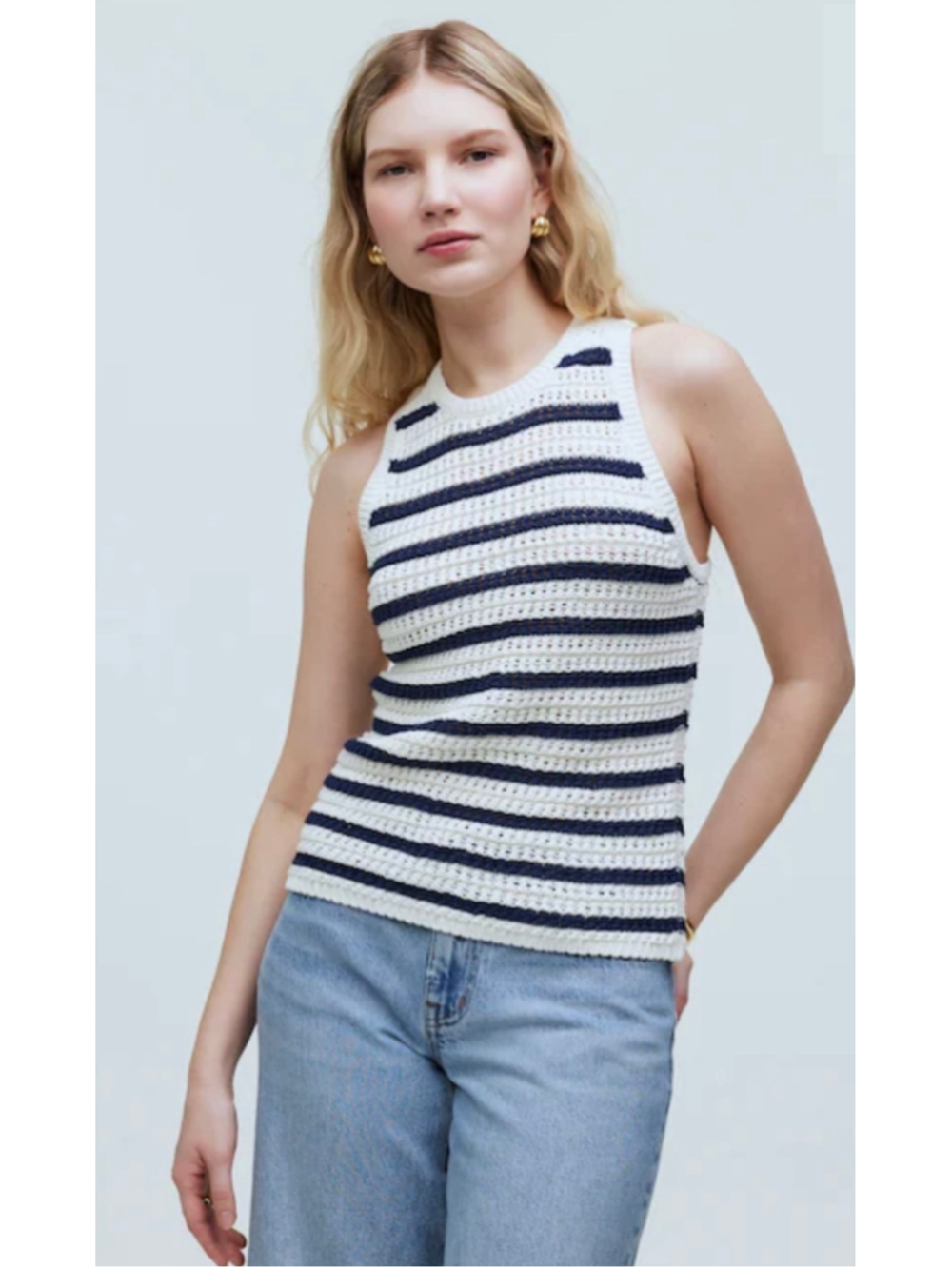 Madewell Crochet-Knit Crewneck Sweater Tank Nautical Navy Ivory Women’s Sz Med